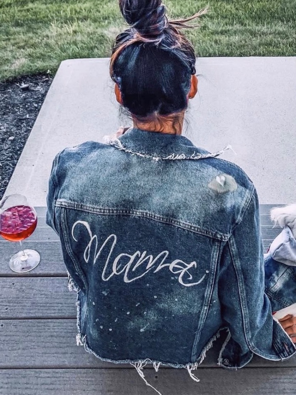 Custom Distressed Denim Jacket, Women’s Size S, "Mama" Rhinestone Detail